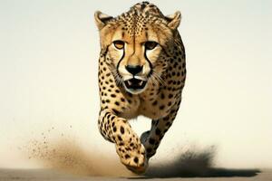 un' telecamera catture un' in esecuzione ghepardo, isolato su un' bianca sfondo ai generato foto