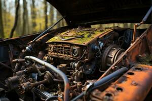 dentro arrugginito auto cappuccio motore professionale pubblicità fotografia ai generato foto