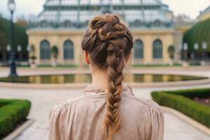 donne francese treccia acconciatura Guarda a partire dal indietro professionale pubblicità fotografia ai generato foto