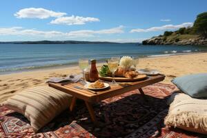 picnic su il tappeto spiaggia Visualizza professionale pubblicità fotografia ai generato foto