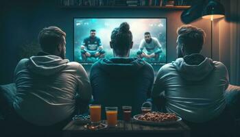 gruppo di giovane adulto amico uomo Asia persone sedersi a divano divano gioia notte festa divertimento gioco fifa mondo tazza vivere tv a casa mangiare merenda ciotola bevanda birra bottiglia bicchiere saltare contento. generativo ai foto