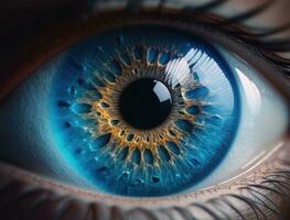 macro foto di un occhio. bellissimo blu uomo o donna singolo occhio vicino su. generativo ai
