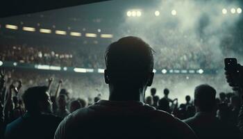 fan festeggiare il successo di loro preferito gli sport squadra su il sta di il professionale stadio. Visualizza a partire dal dietro. tiro di fan rallegrare su un' stadio durante calcio campionato. generativo ai foto