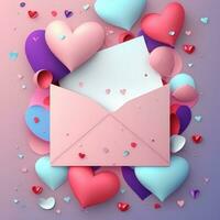 santo San Valentino giorno vacanza sfondo con Busta, carta cuori e vario rosso cuori per amore romantico Messaggio. madre giorno, compleanno saluto carte, invito, celebrazione concetto. generativo ai foto