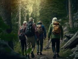 escursionismo, fitness e gruppo di amici nel foresta per avventura, la libertà e gli sport su montagna sentiero. viaggiare, la pensione e indietro di anziano escursionisti per esercizio benessere, il trekking allenamento. generativo ai foto