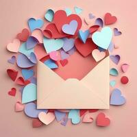 San Valentino giorno invito carta. rosa mestiere Busta dire bugie colorato cuori . rosso, rosa, blu, leggero rosa, viola cuore sagomato arredamento. 14 febbraio gretting carta. amore presente incontri regalo. generativo ai foto