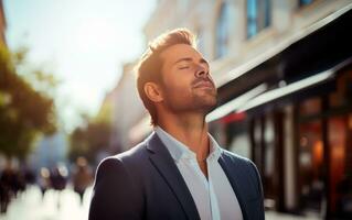 attività commerciale uomo respirazione in profondità nel il città. Marrone dai capelli uomo assunzione un' momento per relax. ai generativeai generativo foto