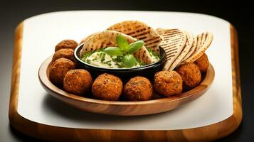 grande piatto con Falafel e insalata su un' buio sfondo, ristorante concetto, ai generato foto