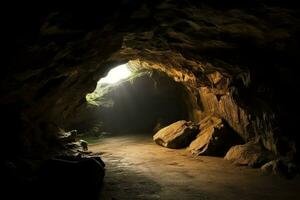 grotta con leggero splendente a partire dal fuori. bellissimo grotta con luce del sole. generativo ai foto