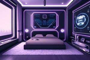 futuristico alto Tech lusso cyberpunk sci fi vivente camera moderno interno Camera da letto, ai generativo foto