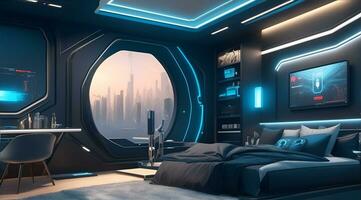 futuristico alto Tech lusso cyberpunk sci fi vivente camera moderno interno Camera da letto, ai generativo foto