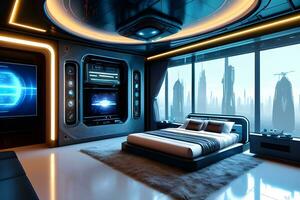 futuristico alto Tech lusso cyberpunk sci fi vivente camera moderno interno Camera da letto, ai generativo foto