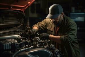 qualificato meccanico Lavorando nel settore automobilistico riparazione negozio ai generativo foto