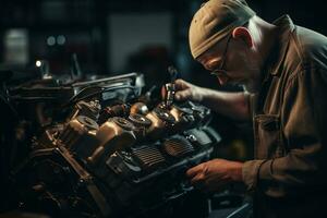 qualificato meccanico Lavorando nel settore automobilistico riparazione negozio ai generativo foto