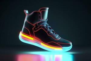 futuristico moda originale scarpe da ginnastica. futuro design di elegante gli sport scarpe con neon incandescenza, futuristico urbano estetica. abbigliamento sportivo, stile e moda, Domani calzature. ai generativo foto