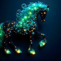 luminoso equino eleganza, un' maestoso cavallo con un' bioluminescente floreale corona. ai generato foto