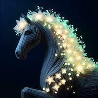 luminoso equino eleganza, un' maestoso cavallo con un' bioluminescente floreale corona. ai generato foto