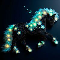 luminoso equino eleganza, un' maestoso cavallo con un' bioluminescente floreale corona. ai generato foto