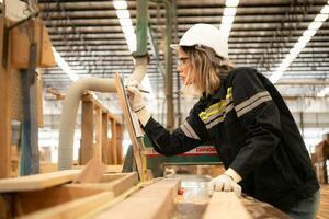 femmina falegname Lavorando nel un' la lavorazione del legno fabbrica, lei è indossare un' sicurezza casco e occhiali. controllo il pulizia di il tavole contro il design documenti. foto