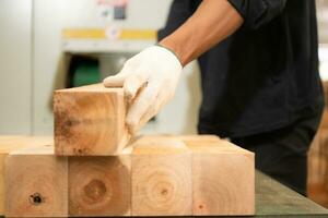 giovane uomo lavoratore opera nel un' la lavorazione del legno fabbrica, Lavorando con legna segare e taglio macchine per produrre di legno lenzuola per fabbricazione pallet foto