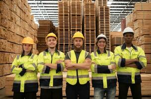 ritratto di un' gruppo di lavoratori opera nel un' la lavorazione del legno fabbrica, in piedi con braccia attraversato nel un' di legno magazzino. foto