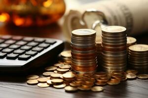 calcolatrice e monete su tavolo, avvicinamento. finanziario concetto ai generato foto