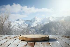 di legno piattaforma su il sfondo di nevoso montagne. 3d interpretazione ai generato foto