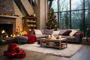 Natale vivente camera interno con Natale albero, divano, candele e decorazioni ai generato foto