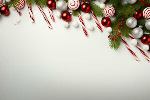 Natale sfondo con abete rami e palline su un' bianca sfondo ai generato foto