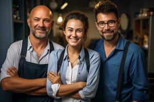 potrait di lavoratori nel loro casual felicemente con loro lavoro ai generato foto