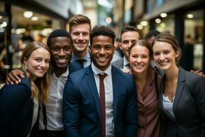 gruppo potrait di diverso collaboratori con sfocato ufficio sfondo ai generato foto