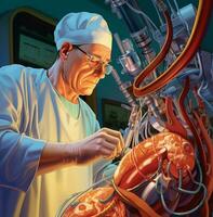 un' chirurgo utilizzando un' robotica braccio per eseguire un' delicato operazione, medico azione immagini, ai generativo foto