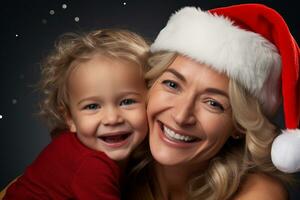 un' immagine di un' contento madre con sua bambino indossare un' Santa aiutante cappello, ai generativo foto