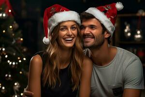 un' immagine di un' giovane coppia indossare Santa cappelli e guardare felice, ai generativo foto