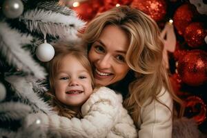 un' contento immagine di un' madre e sua figlia in piedi Il prossimo per un' bella Natale albero, ai generativo foto