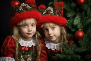un' immagine di Due ragazza Gemelli in piedi nel davanti di un' Natale albero, ai generativo foto