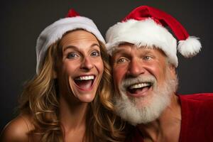 un' immagine di un' uomo e donna indossare nuovo anni Abiti e Santa cappelli avendo divertimento e sensazione contento insieme, ai generativo foto