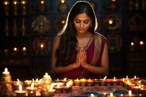 un' immagine di un' donna chi lavori nel un ufficio preghiere per Dio durante diwali, ai generativo foto