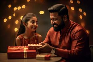 un' immagine di un' padre e figlia dando ogni altro i regali su diwali, ai generativo foto