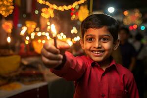 un' immagine di un' poco ragazzo puntamento durante diwali, ai generativo foto