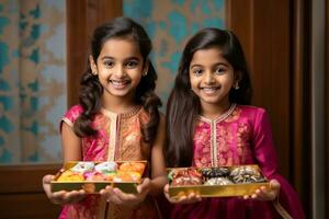 un' immagine di un' indù fratello e sorella nel tradizionale indiano Abiti Tenere indiano dolci e un' regalo scatola su il giorno di il Raksha bandhan Festival, ai generativo foto