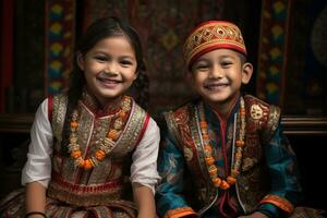 un' immagine di Due giovane fratelli e sorelle indossare tradizionale Abiti e festeggiare il bhai dooj Festival, ai generativo foto