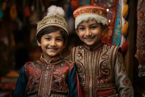 un' immagine di Due giovane fratelli e sorelle indossare tradizionale Abiti e festeggiare il bhai dooj Festival, ai generativo foto