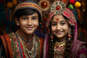 un' immagine di un' fratello e sorella nel tradizionale Abiti festeggiare il bhai dooj festa, ai generativo foto