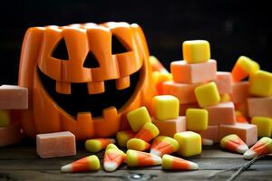 un' immagine di di legno blocchi quello sillabare contento Halloween con caramella Mais e decorazioni su un vecchio di legno tavolo, ai generativo foto