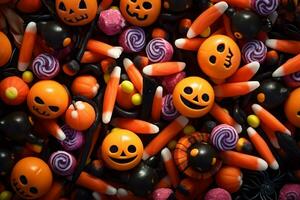 un' immagine di un' Halloween sfondo con ragni e caramella, ai generativo foto