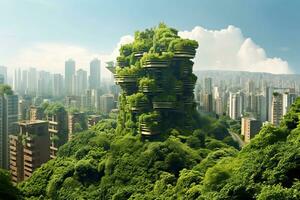 generativo ai idea di un' verde città, con grattacieli avvolto nel verdeggiante fogliame foto