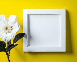 bianca vuoto telaio modello su giallo parete e fiore ai creare foto