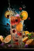 colorato cocktail con Ghiaccio, frutta, spruzzi su un' buio sfondo foto