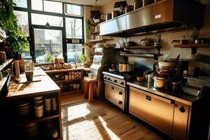 dentro pulito cucina di un' moderno ristorante o mini bar con cucinando utensili e piccolo bar contatore concetto di ai generato foto